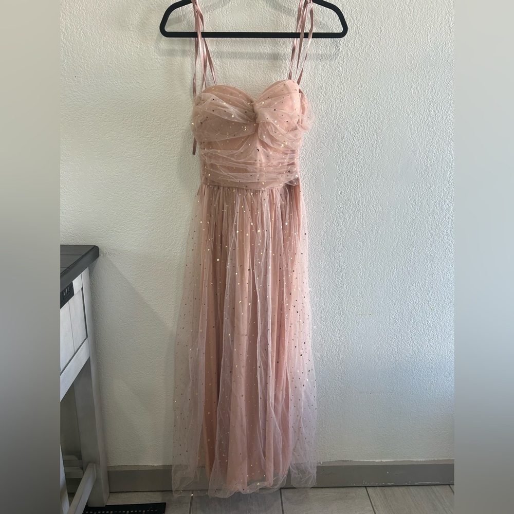 Party Selection Pink Starry Ruched Midi princess Dress, light and flowy, zipper